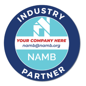 ip-badge-promo Blue circular โIndustry Partnerโ badge with โYour Company Here,โ email, and NAMB logo text.