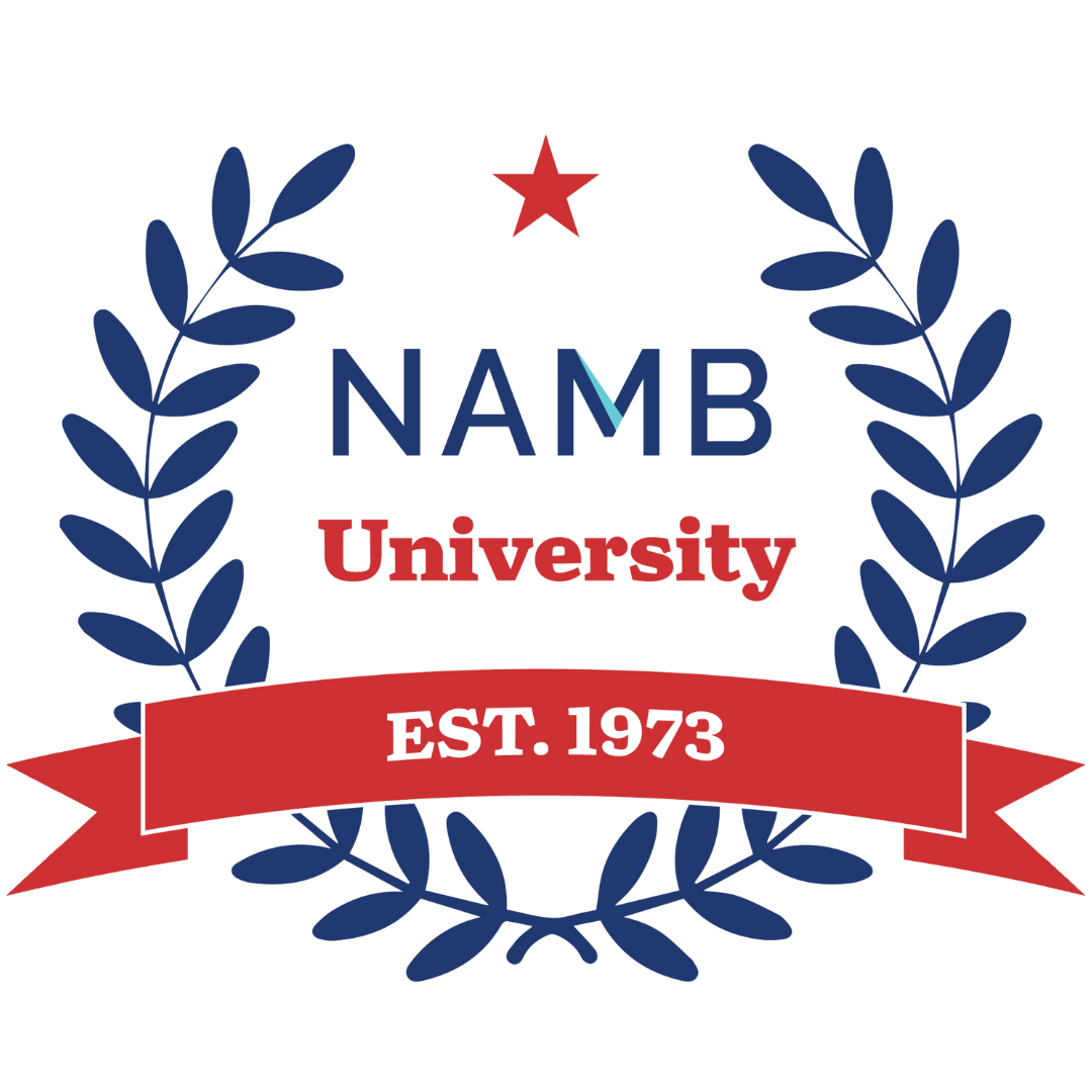 namb-u-trans NAMB University logo with blue laurel wreath, red star, and red EST. 1973 banner