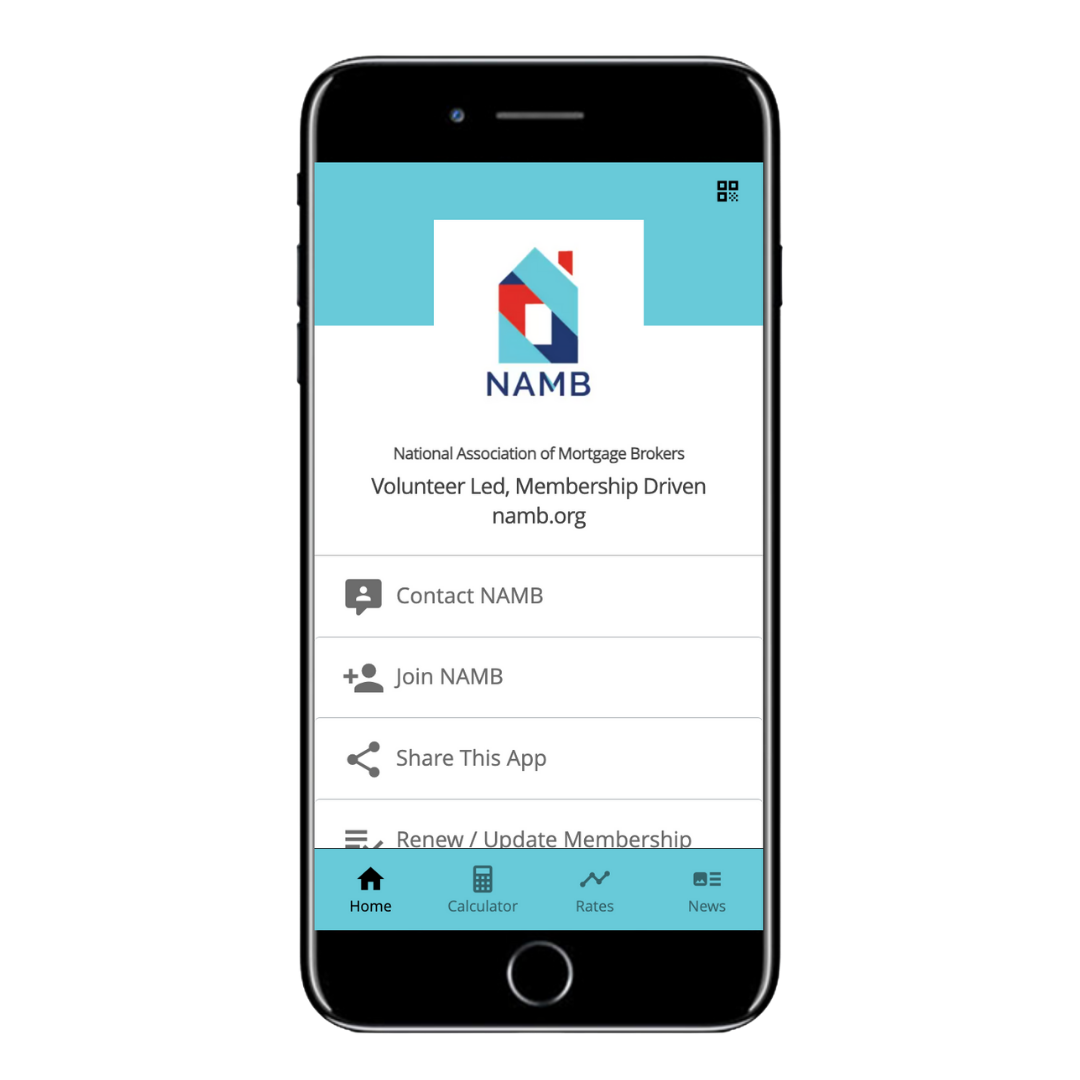 nambapp phone pic transparent Smartphone displaying the NAMB app home screen with a logo and menu options on a white and teal interface