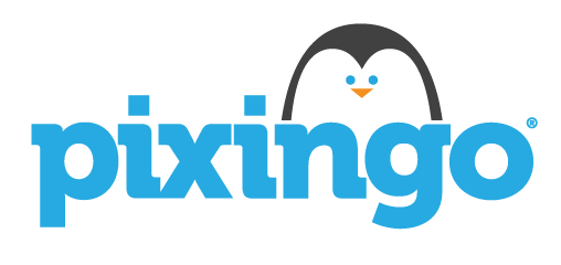 Pixingo logo with blue text and a penguin icon above it