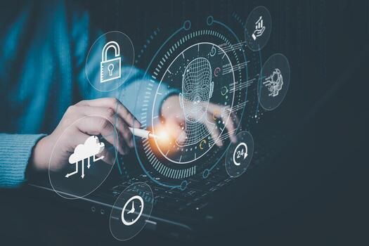 Hands using a digital interface with cybersecurity icons, including a lock and cloud on a dark background