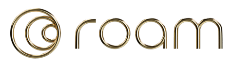 Gold “roam” logo with a circular monogram icon on a white background
