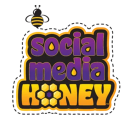 Social media honey logo in purple and yellow with a small bee icon