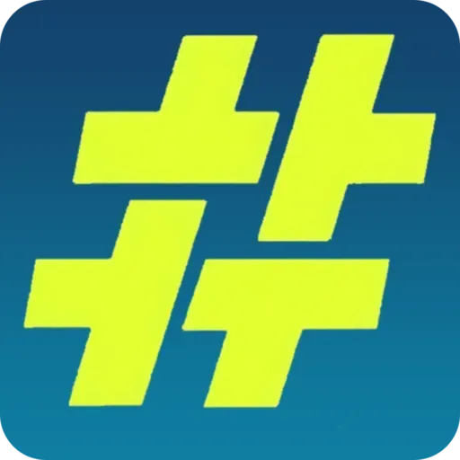 Blue rounded-square logo with four neon-yellow hashtag symbols arranged in a grid.