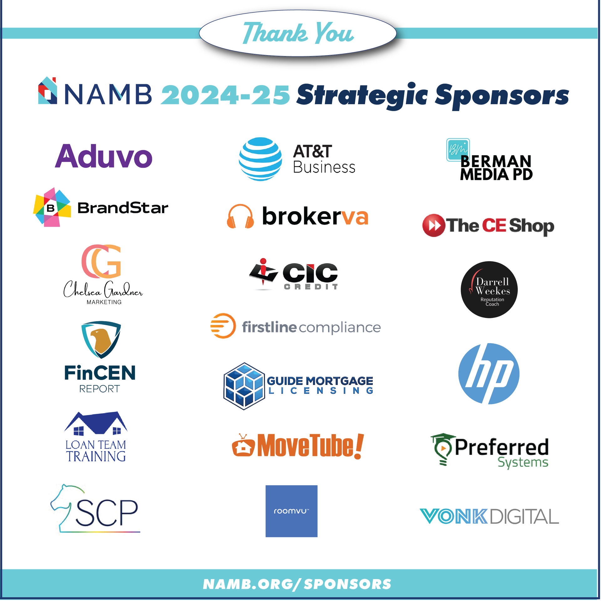 NAMB 2024-25 Strategic Sponsors collage with company logos on a white background and “Thank You” banner