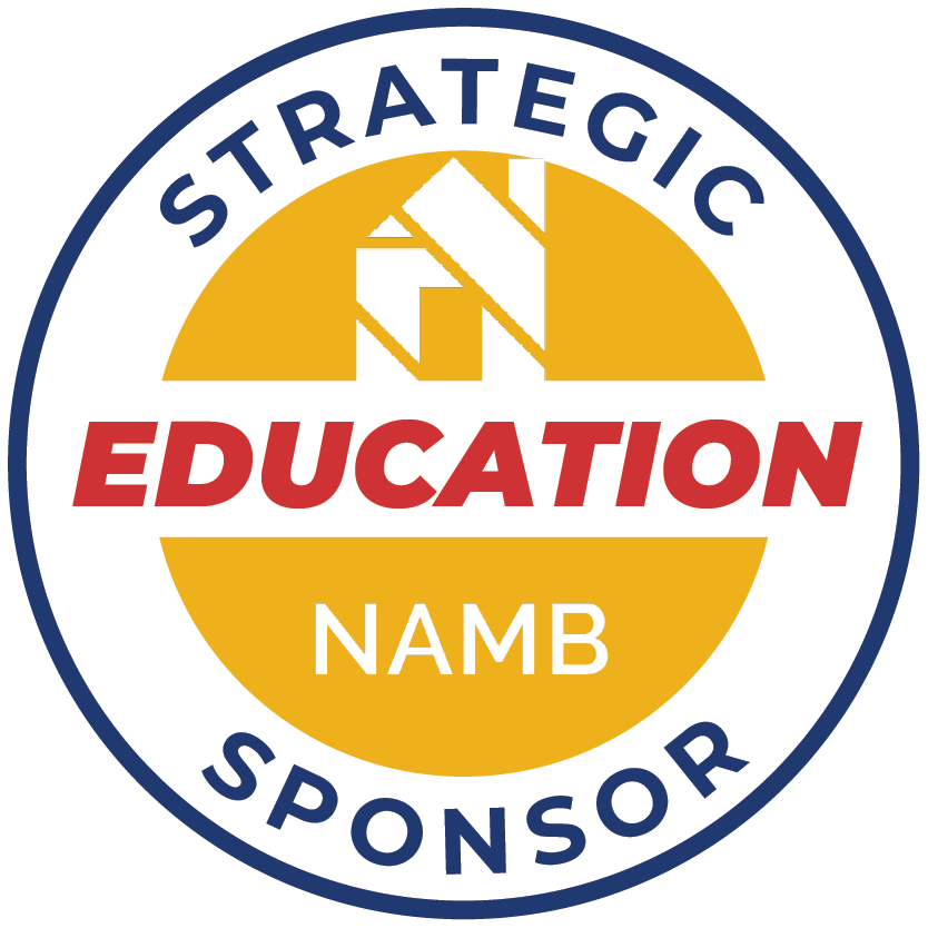 Strategic Sponsor badge with red Education, gold NAMB, and navy circular border