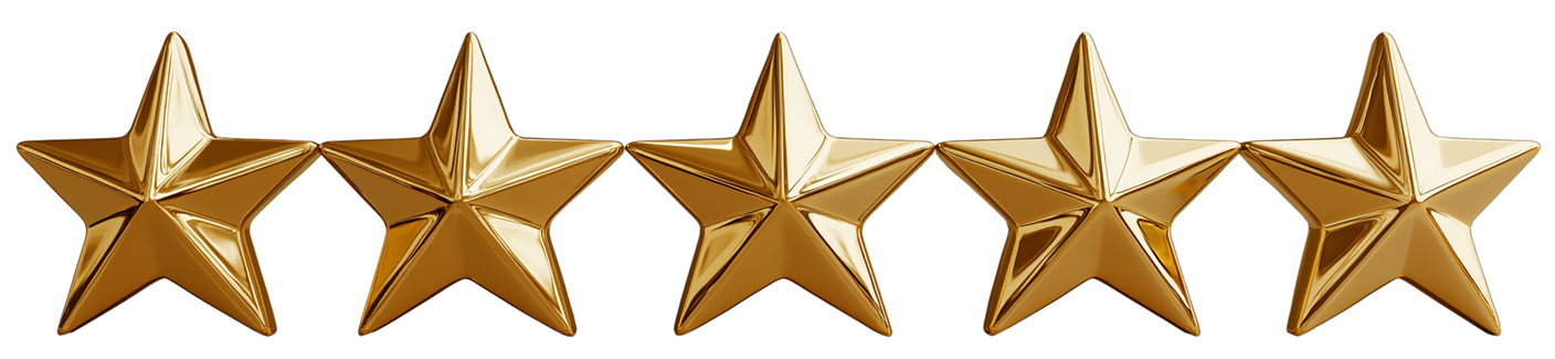 Five gold stars in a row, rated five out of five.