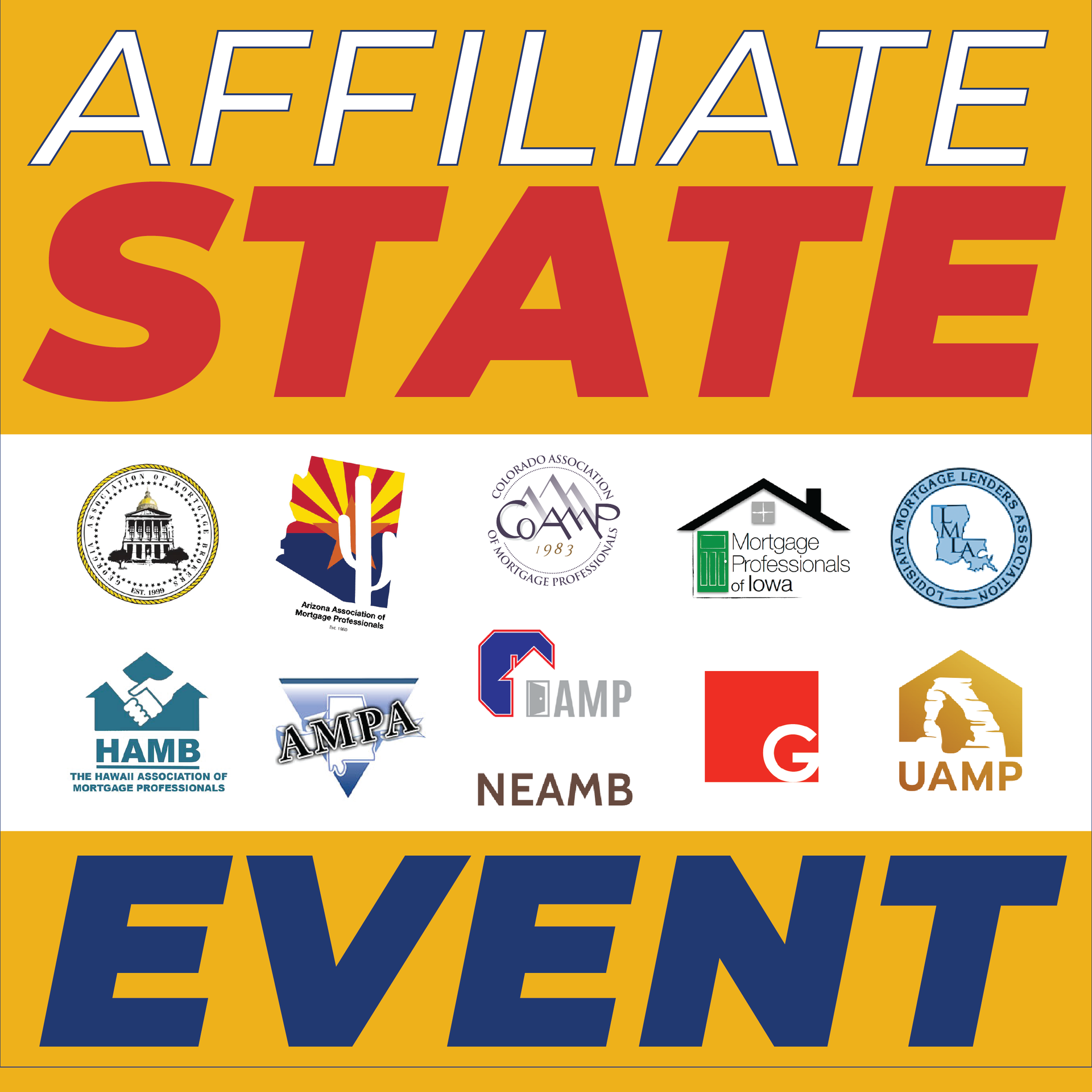 states-2023-event Affiliate State Event poster with yellow, red, and blue text and several organization logos.
