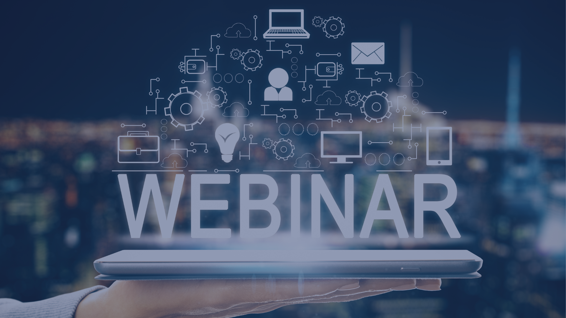 Webinar graphic with laptop and digital icons on a blue background