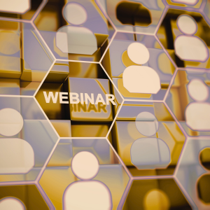 Hexagonal network graphic with user icons and the word “WEBINAR” in the center