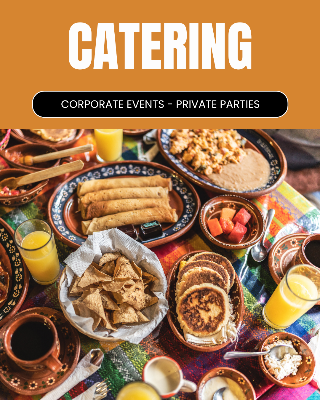 Buffet of Mexican food including meats, toppings, tortillas, and chips. Catering Made Easy Ricardo's Place SJC 92675
