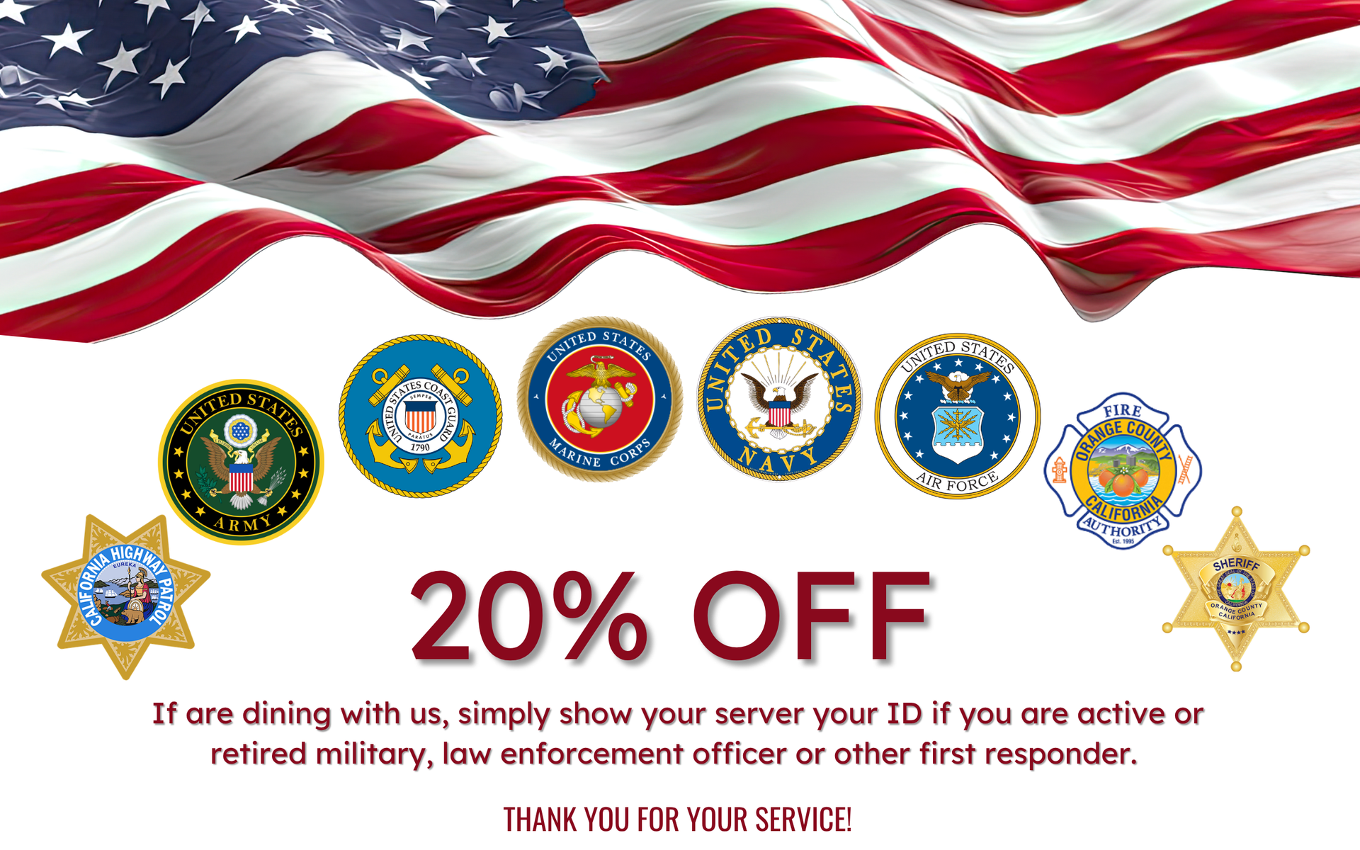 Banner honoring military and first responders, displaying service emblems with a waving American flag background. Offers 20% off.