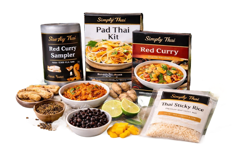 Assorted Simply Thai food kits and ingredients, including Pad Thai, red curry, sticky rice, limes, and spices.