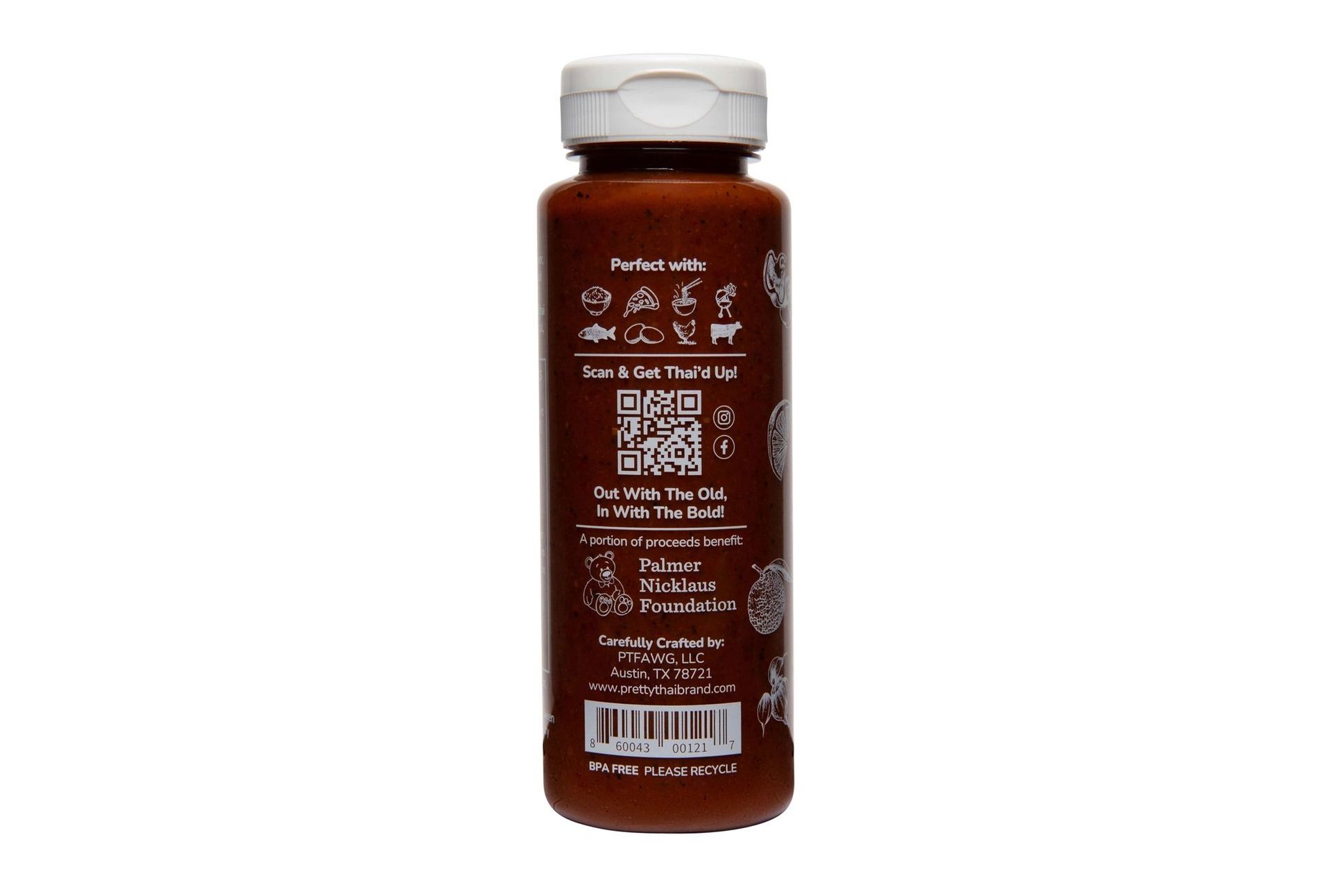A brown bottle of Pretty Thai Chili Sriracha hot sauce with a white cap, featuring white text on a dark brown label.