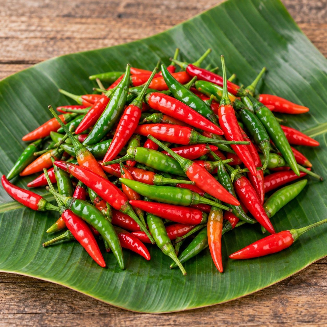 Pile of red and green chili peppers on a large green leaf