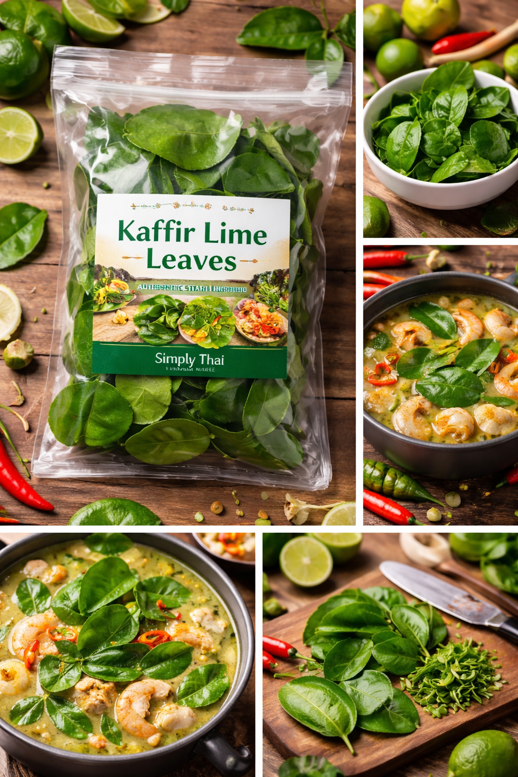 A bag of Simply Thai Kaffir Lime Leaves on a wooden table, surrounded by fresh limes, lemongrass, and red chili peppers.