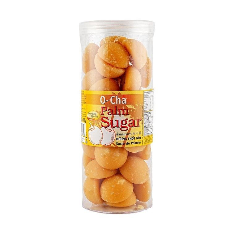 Clear jar of round orange cookies labeled “0-Cha Palm Sugar”