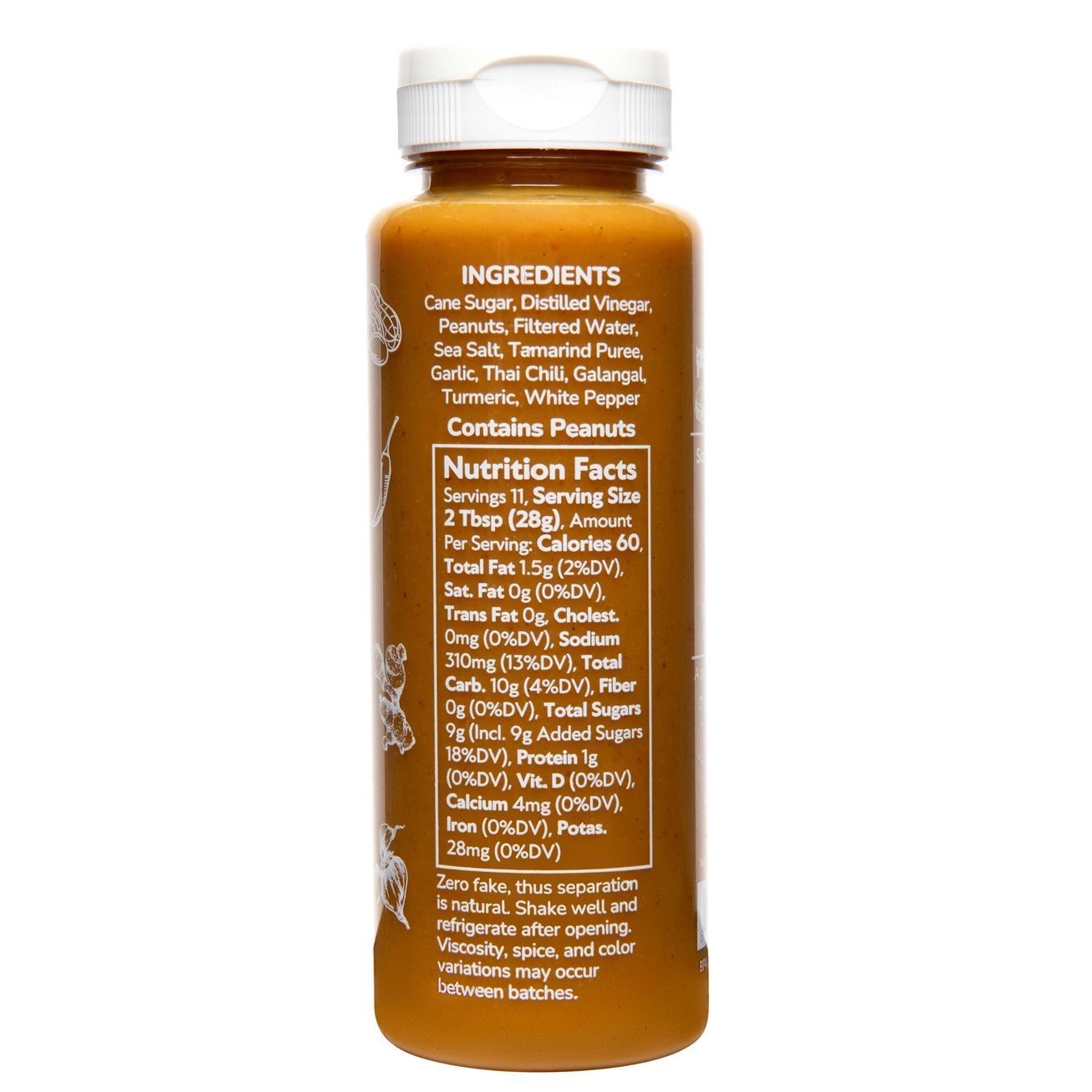 A bottle of Pretty Thai Peanut stir fry sauce, amber-colored, with white branding and text on a clear label.