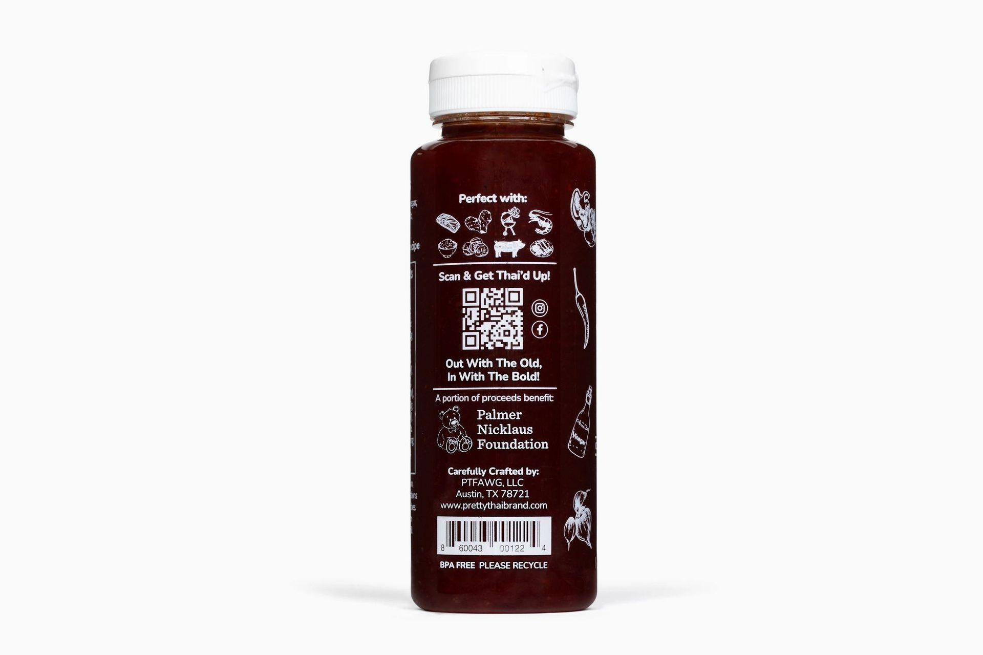A bottle of Pretty Thai Sweet Chili sauce with a dark brown label and white cap, centered against a white background.