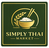 Logo for Simply Thai: a gold bowl of rice with a stalk of grain and chopsticks, set inside a dark green circle.