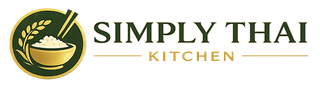 Logo for Simply Thai: a gold bowl of rice with a stalk of grain and chopsticks, set inside a dark green circle.