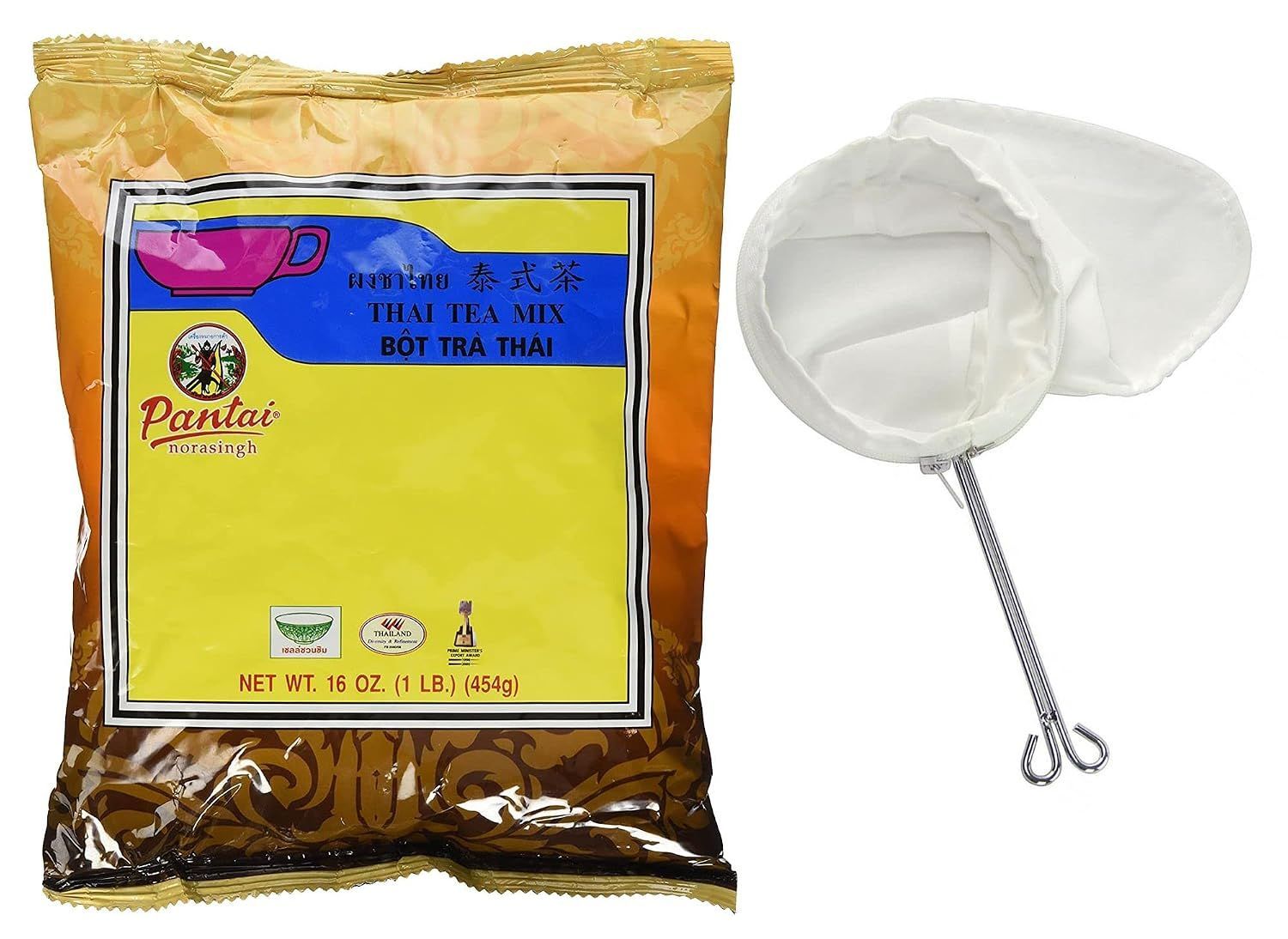 Yellow packaged coffee with Vietnamese label beside a white mesh tea infuser ball on a spring handle