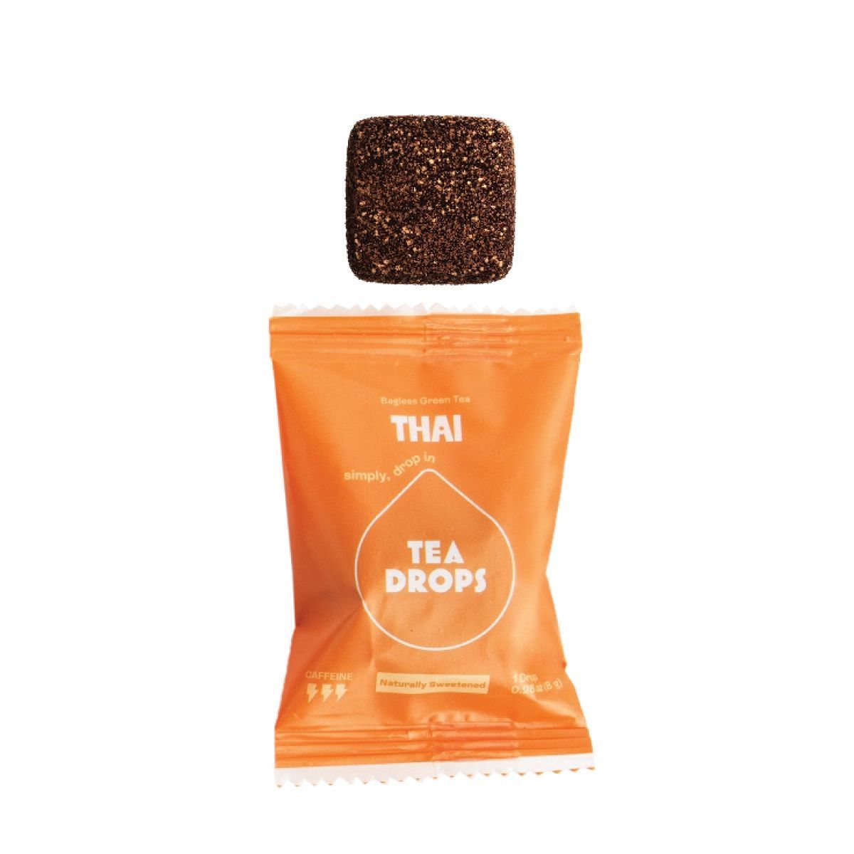 A Thai Tea Drops square positioned above its corresponding orange, branded single-serve wrapper.