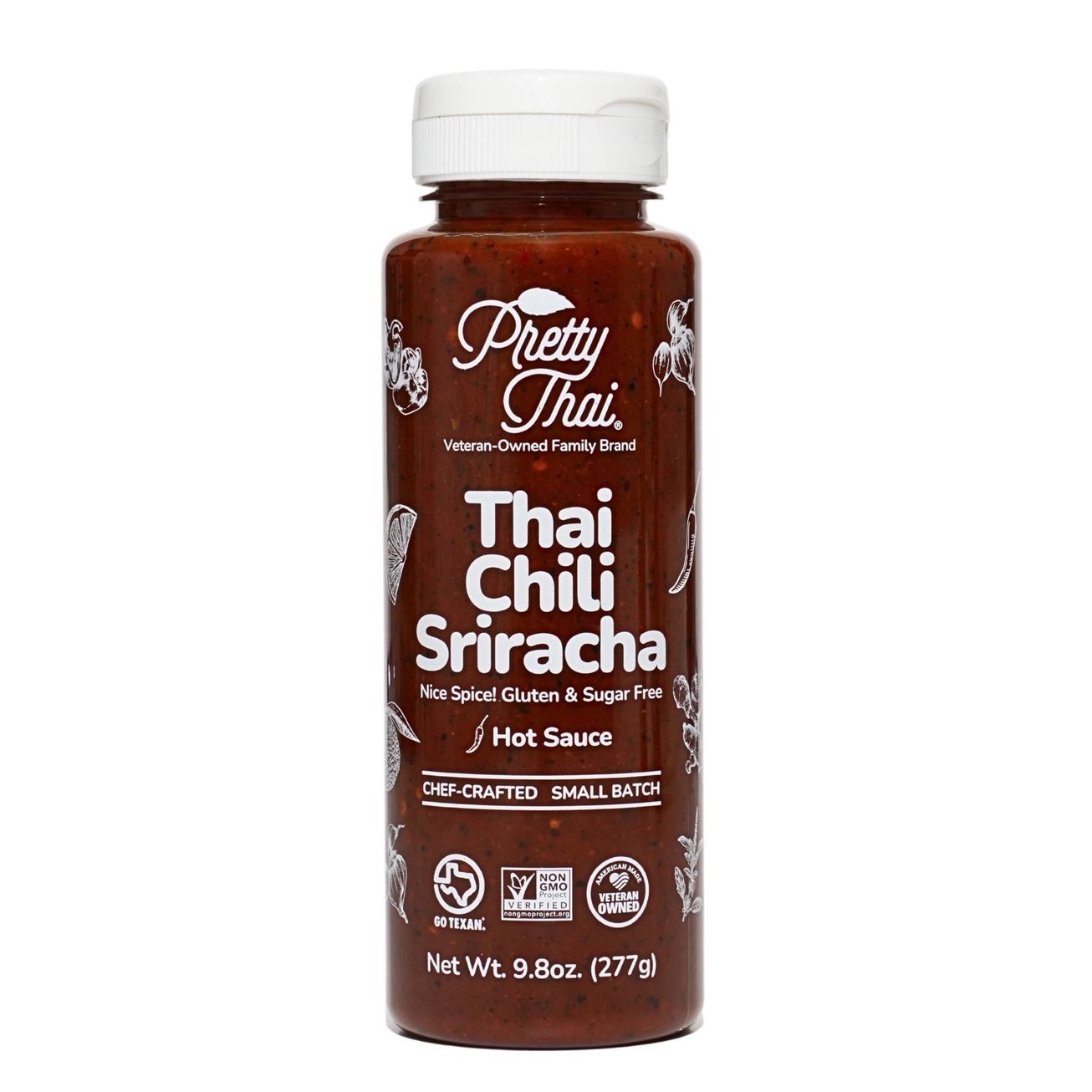A brown bottle of Pretty Thai Chili Sriracha hot sauce with a white cap, featuring white text on a dark brown label.