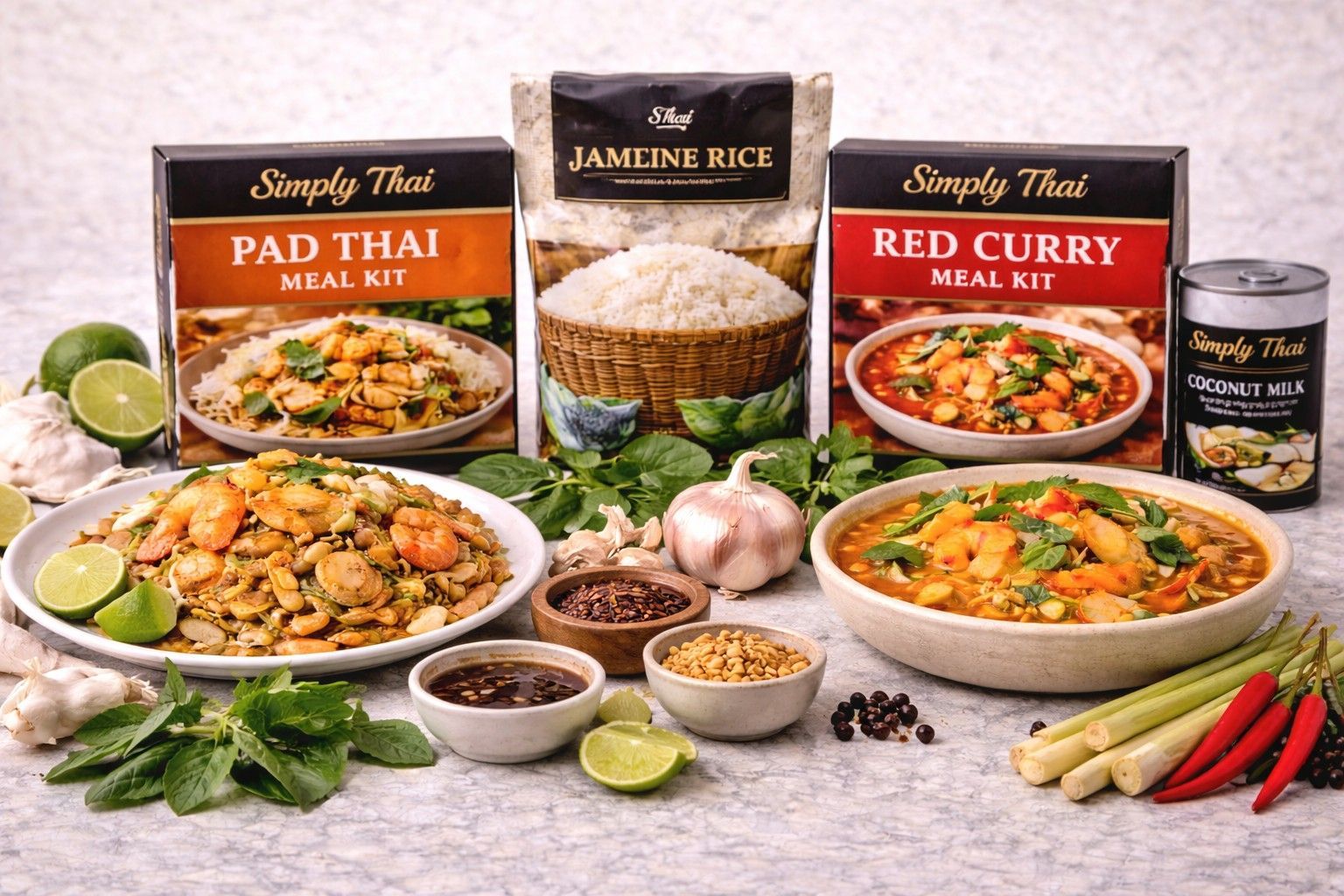 Simply Thai meal kits, rice, coconut milk, and prepared Pad Thai and red curry dishes surrounded by fresh ingredients.