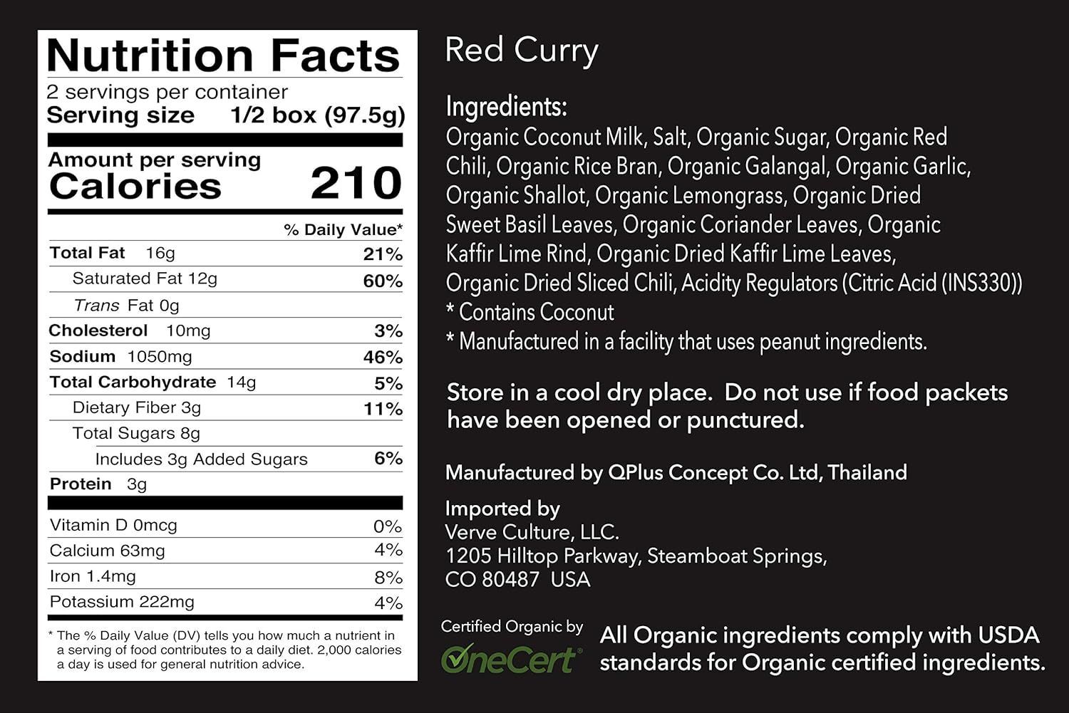 A drawstring bag with gold patterns contains an organic Thai Red Curry kit with a product label.
