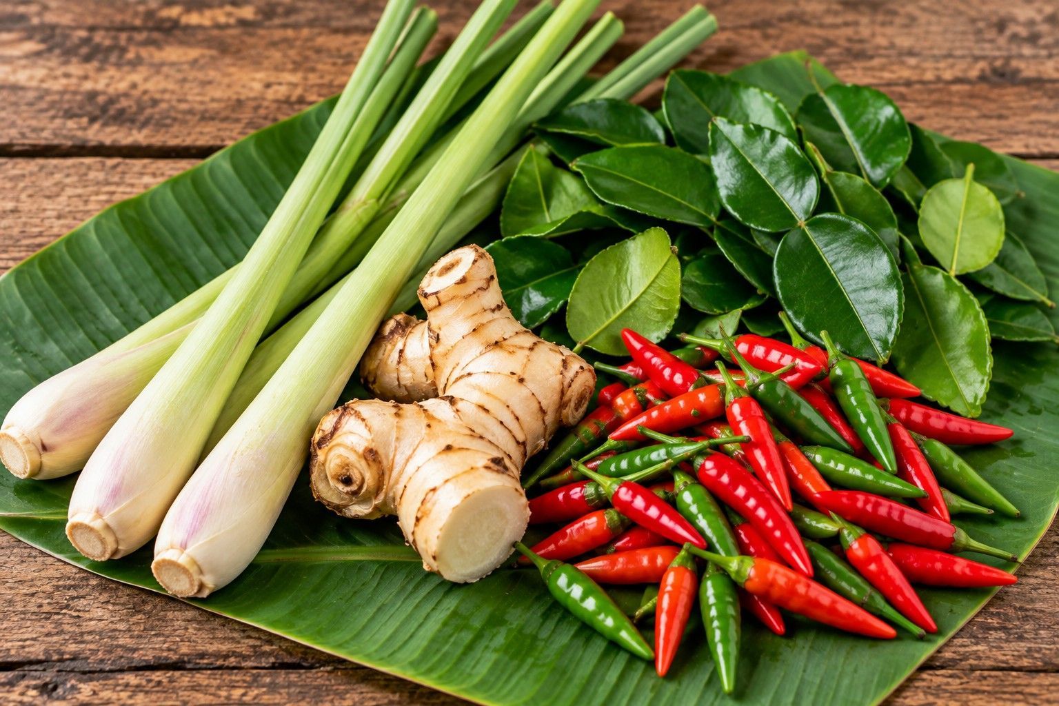 Fresh lemongrass, galangal, kaffir lime leaves, and red chilies on banana leaves