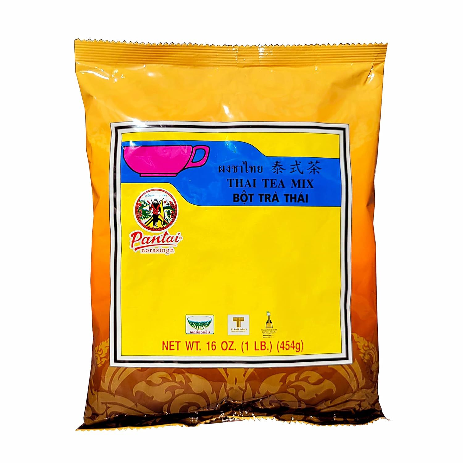 A bag of Pantai Thai Tea Mix on a white background, featuring yellow packaging, a red cup icon, and net weight of 16 oz.
