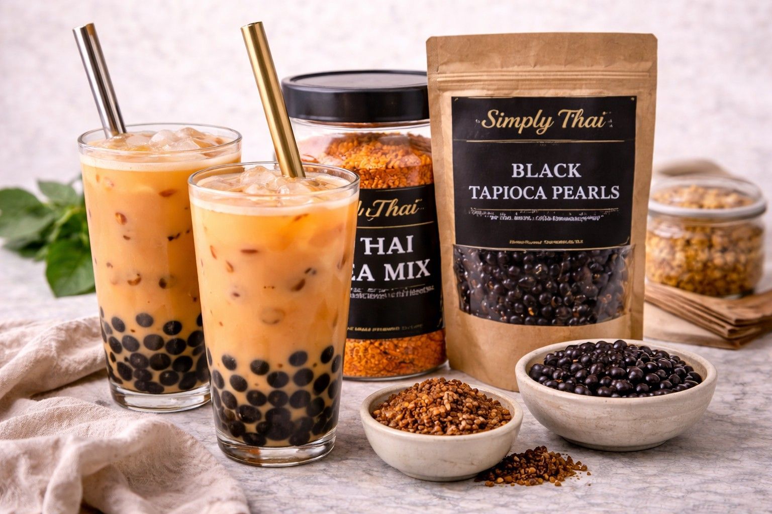 Two glasses of Thai bubble tea with straws next to a jar of tea mix, a bag of tapioca pearls, and bowls of dry ingredients.