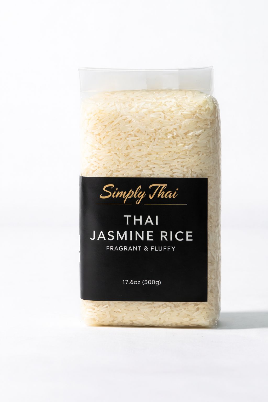 A bag of Simply Thai jasmine rice with a black label on a plain white background.