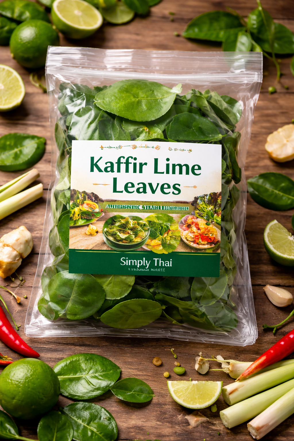 A bag of Simply Thai Kaffir Lime Leaves on a wooden table, surrounded by fresh limes, lemongrass, and red chili peppers.