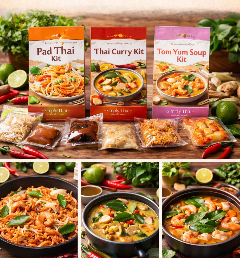 Three Thai meal kits—Pad Thai, Thai Curry, and Tom Yum Soup—displayed with ingredient packets and prepared dishes.