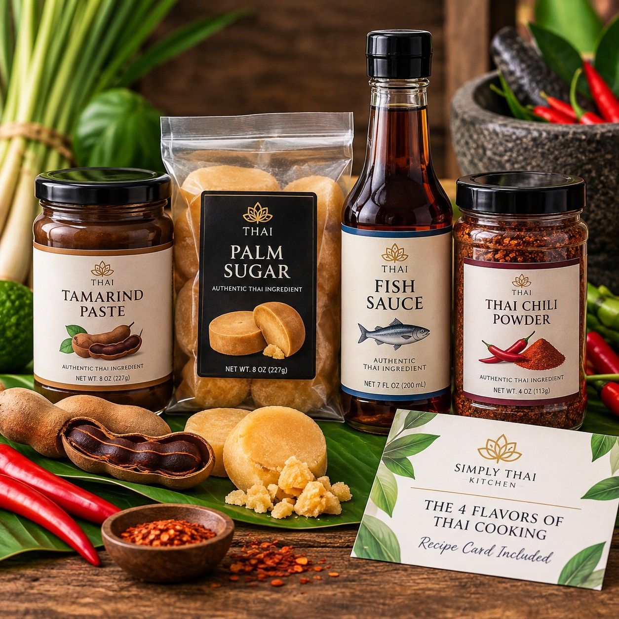 Thai cooking ingredients and condiments: shrimp paste, palm sugar, fish sauce, tamarind paste, chilies, and herbs