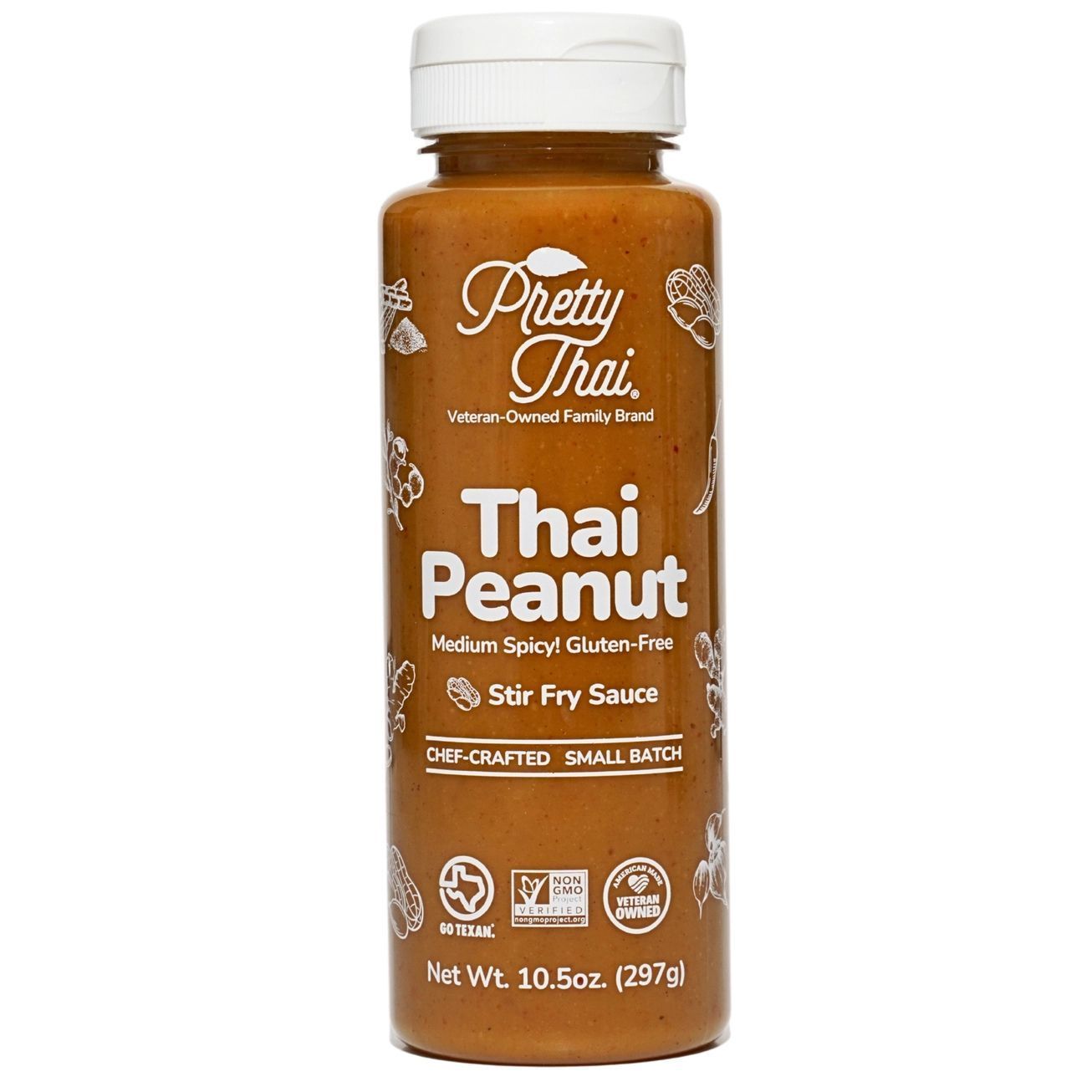 A bottle of Pretty Thai Peanut stir fry sauce, amber-colored, with white branding and text on a clear label.