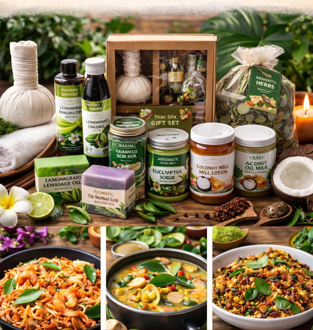 An assortment of Thai spa products above three bowls of traditional Thai food dishes.