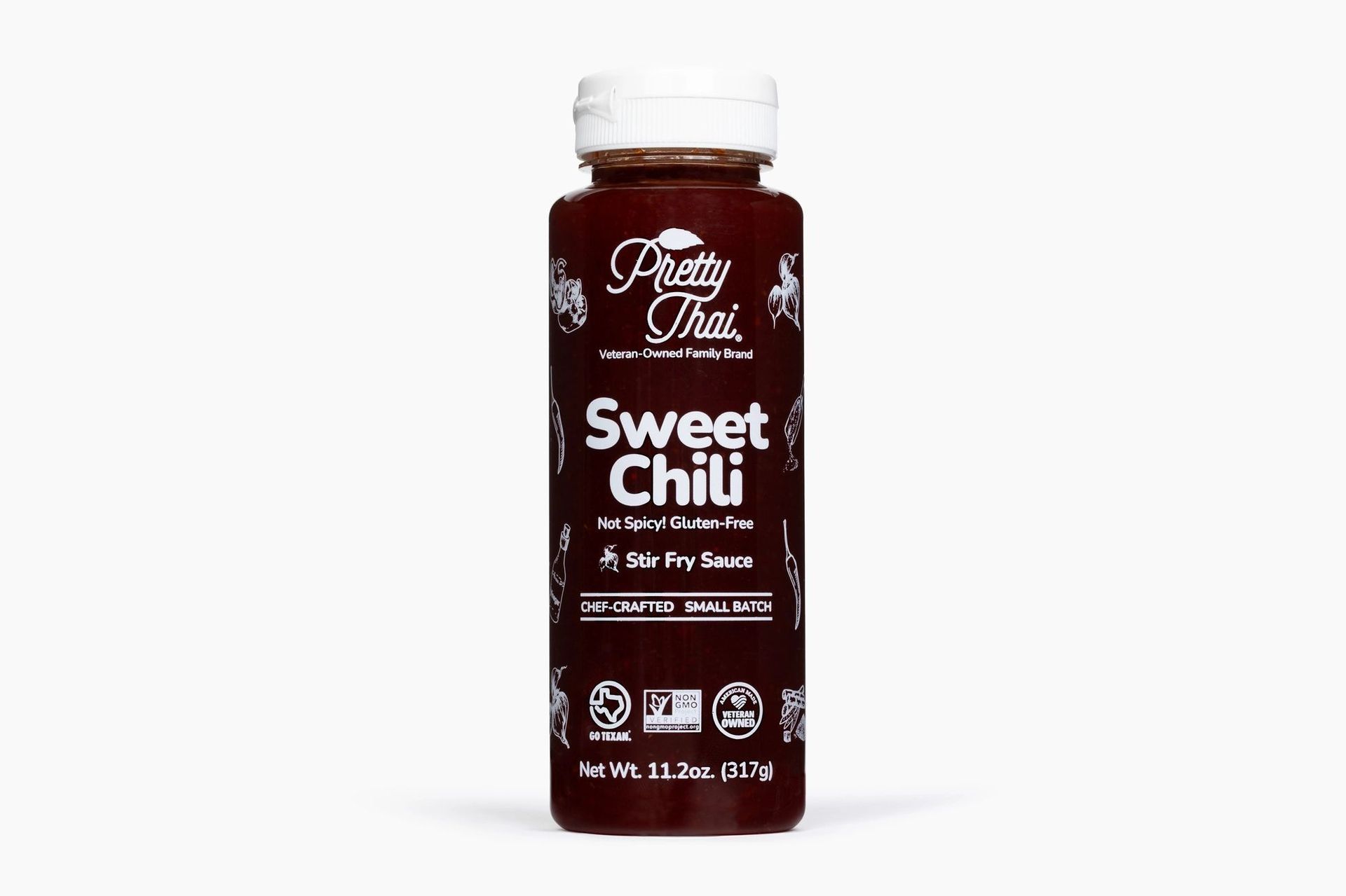 A bottle of Pretty Thai Sweet Chili sauce with a dark brown label and white cap, centered against a white background.
