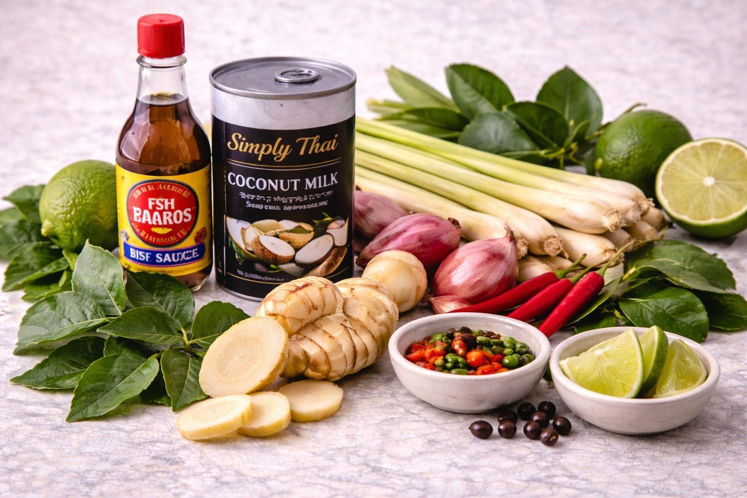 A collection of Thai ingredients: coconut milk, fish sauce, lemongrass, limes, galangal, shallots, and chili peppers.
