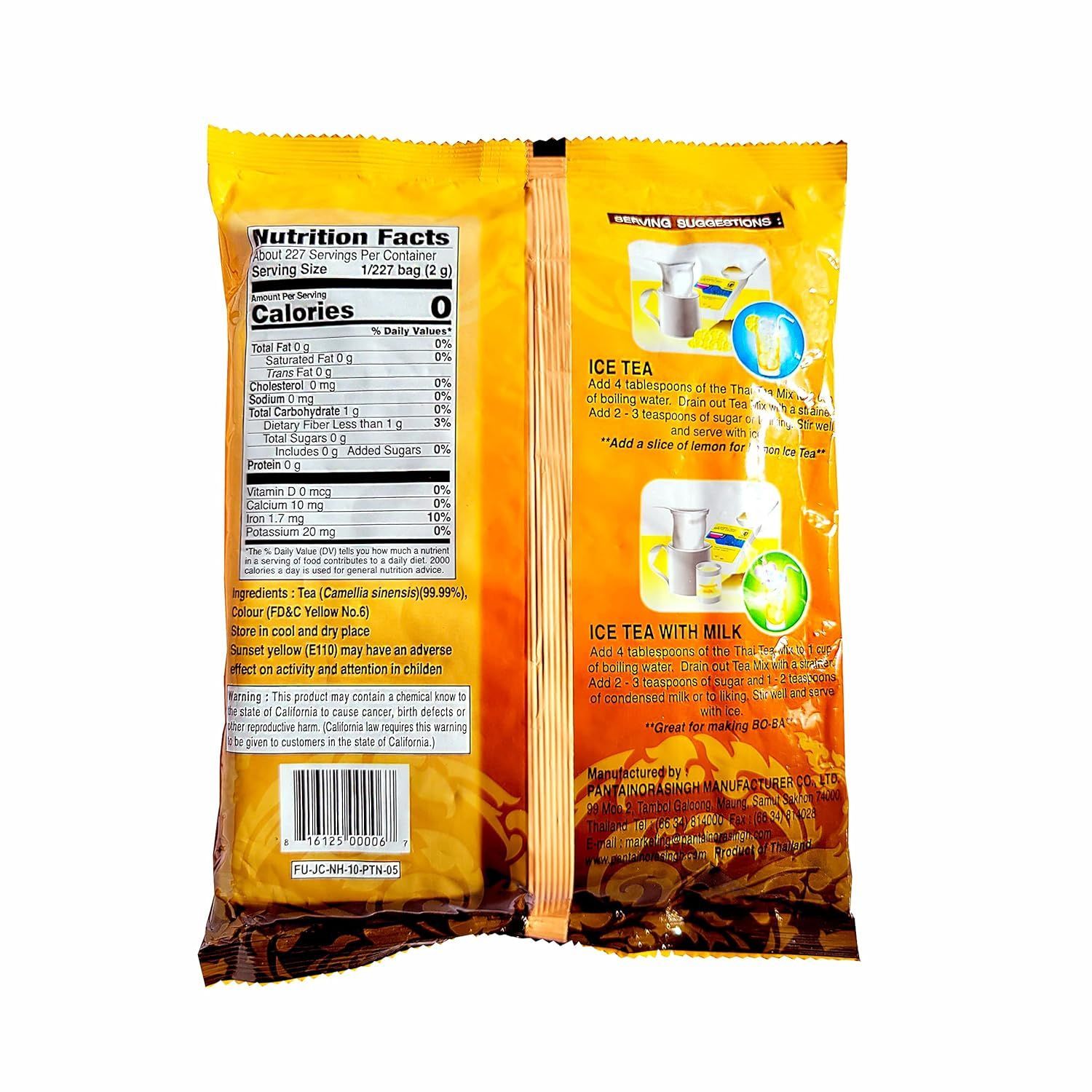 A bag of Pantai Thai Tea Mix on a white background, featuring yellow packaging, a red cup icon, and net weight of 16 oz.