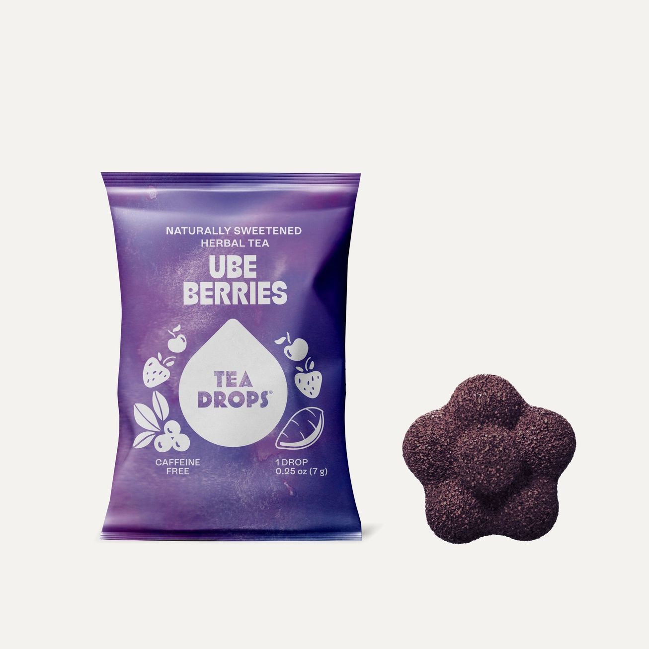 A purple packet labeled