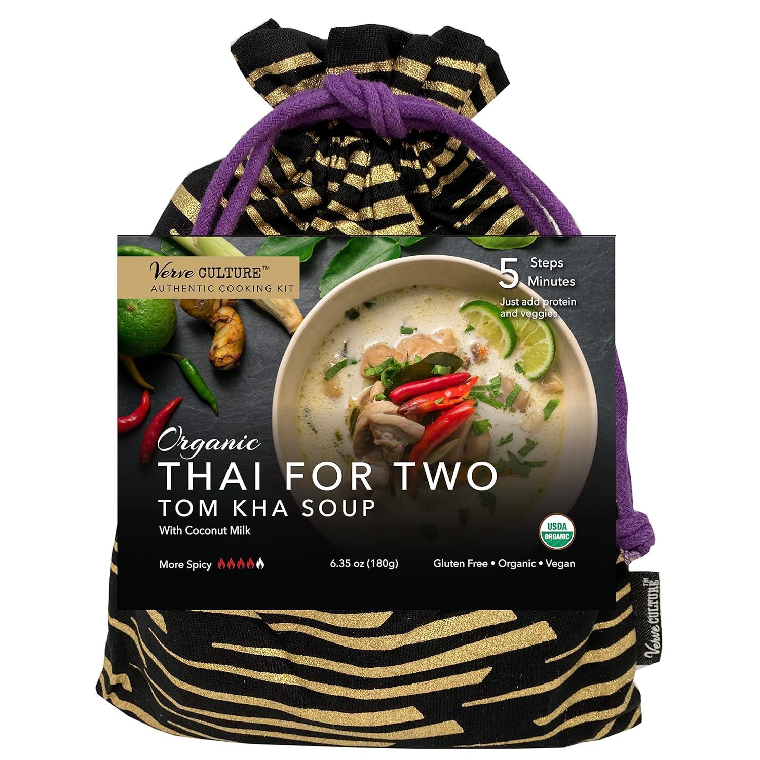 A package of Thai For Two Tom Kha soup in a black and gold fabric drawstring bag with purple rope.