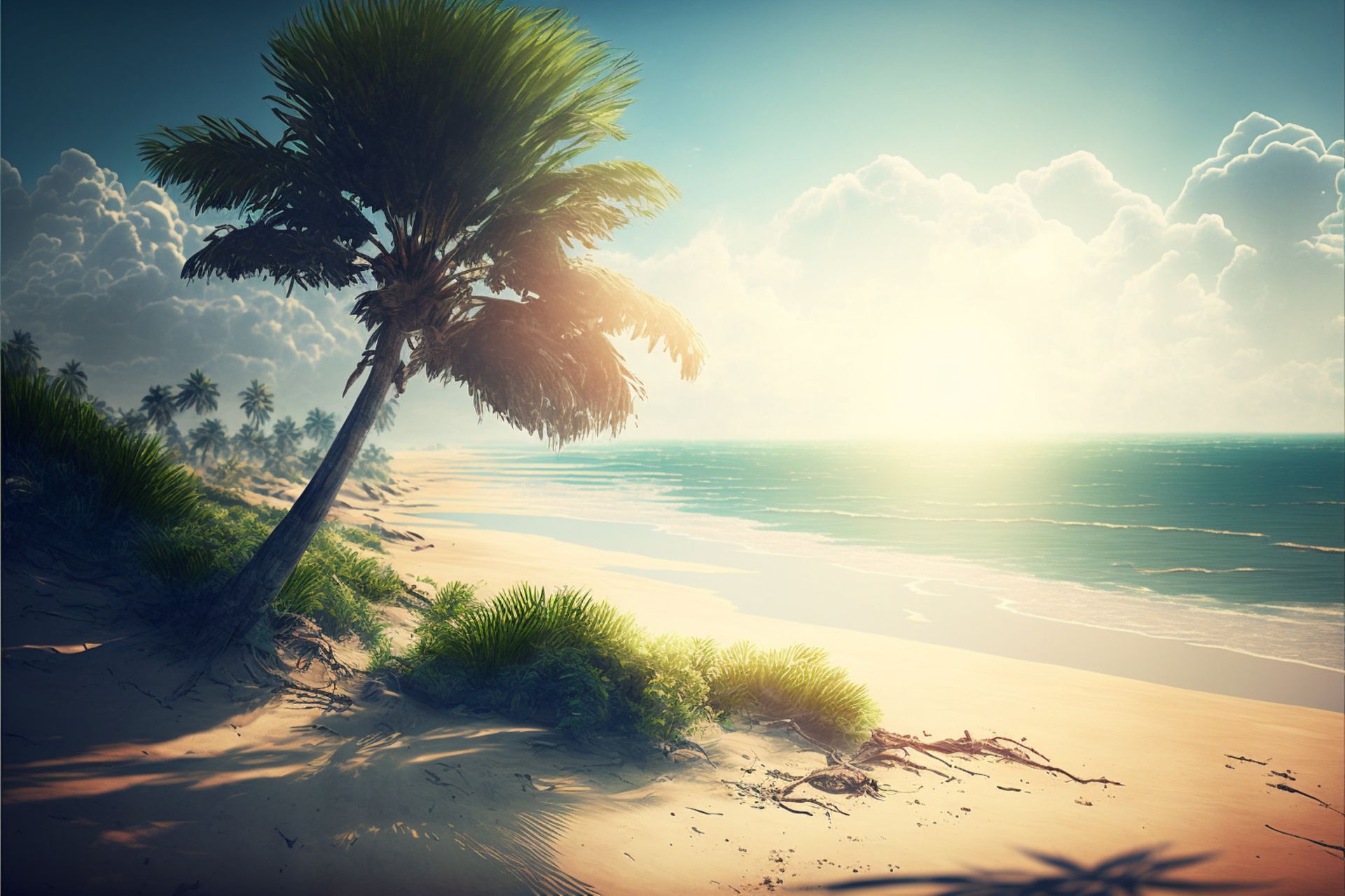 There is a palm tree on the beach with the sun shining through the clouds.