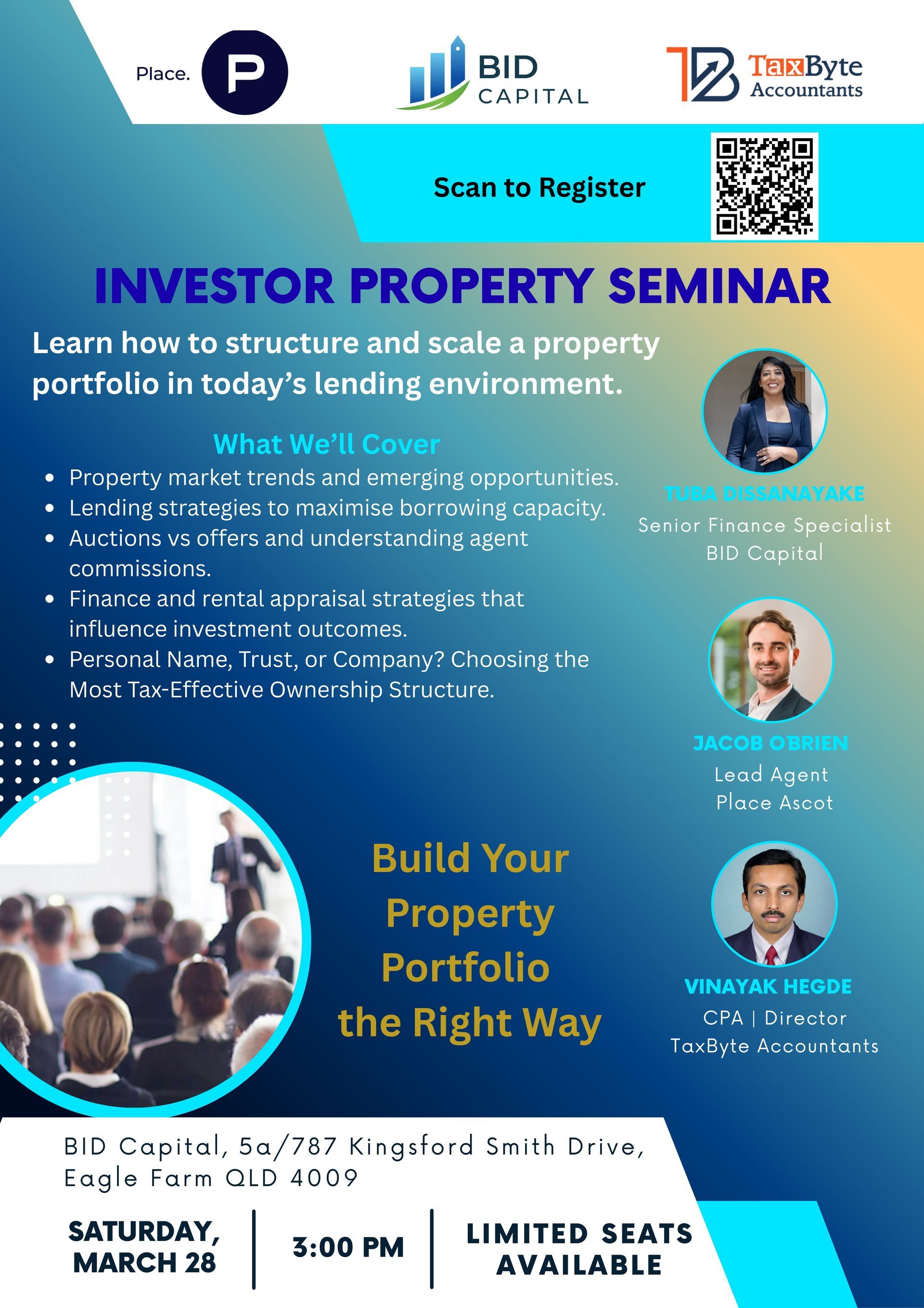Blue investor property seminar flyer with speaker photos, date, time, and register-to-attend callout
