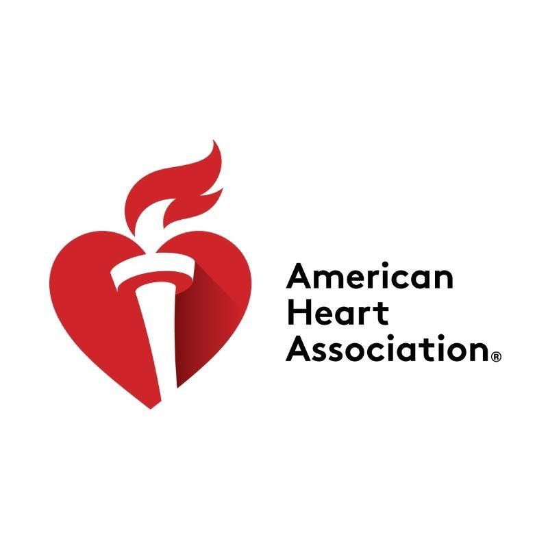 American Heart Association logo: Red heart with white torch and flame. Text: American Heart Association.