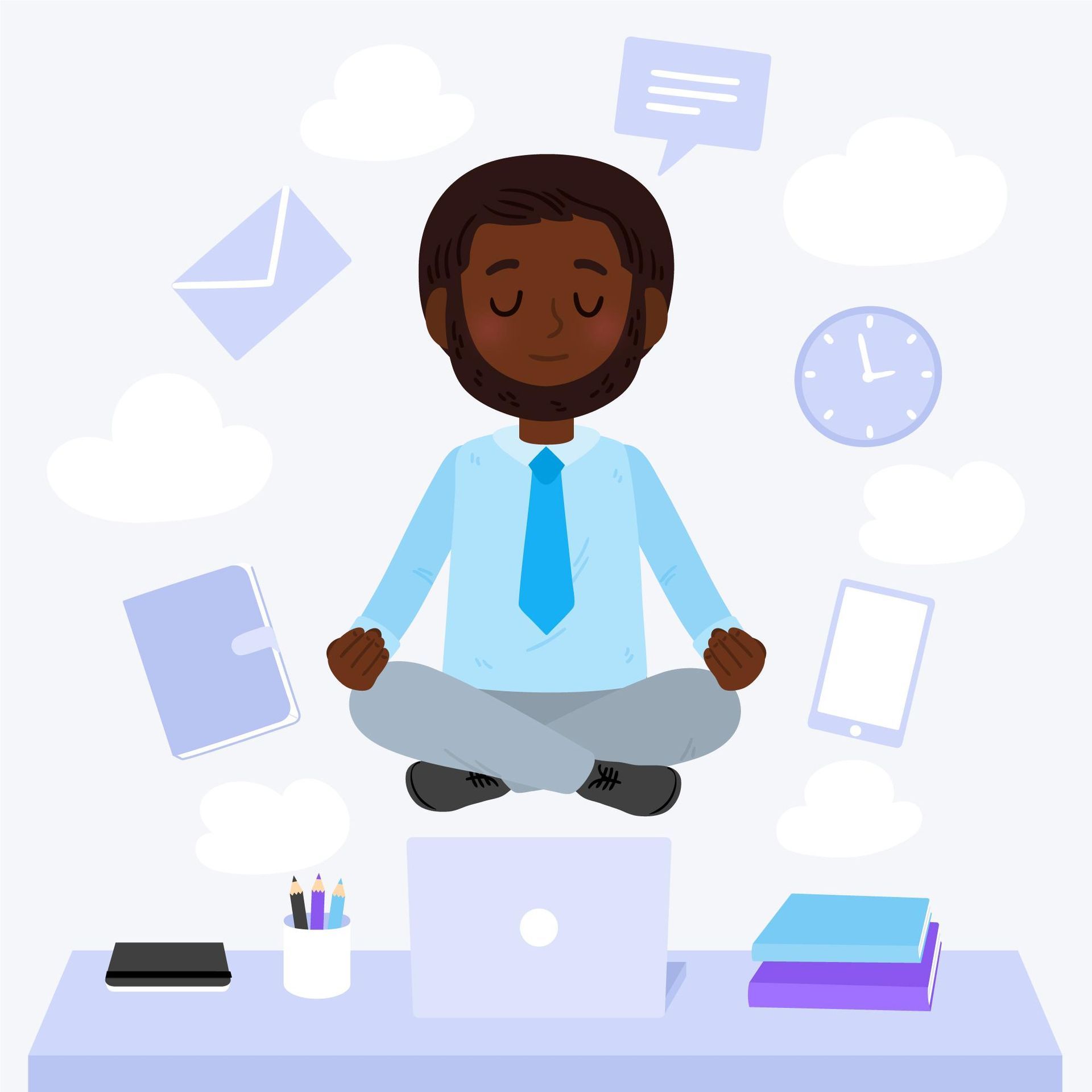 Man meditating at desk, surrounded by work-related icons (email, phone, clock, notebook) and clouds.