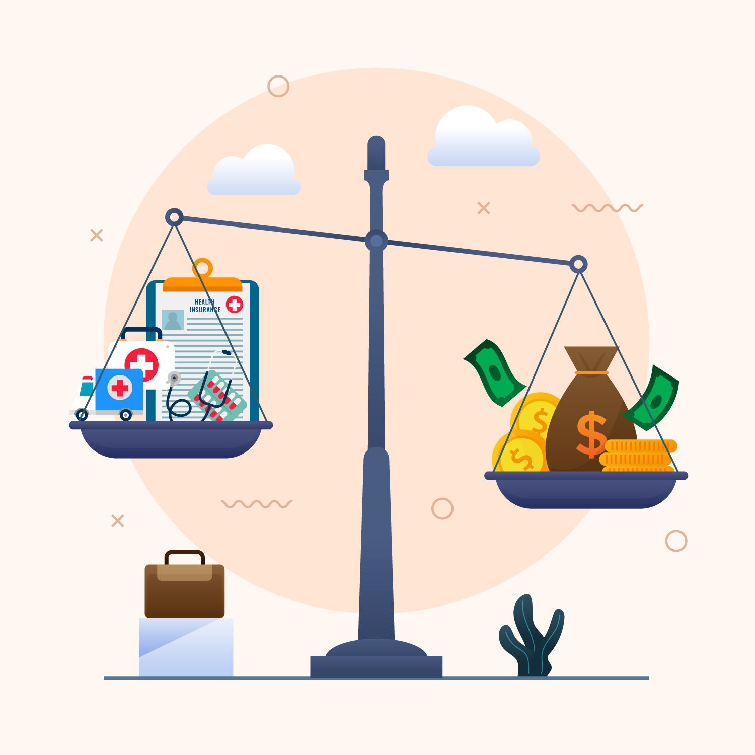 Scales balancing healthcare items and money, suggesting healthcare costs.