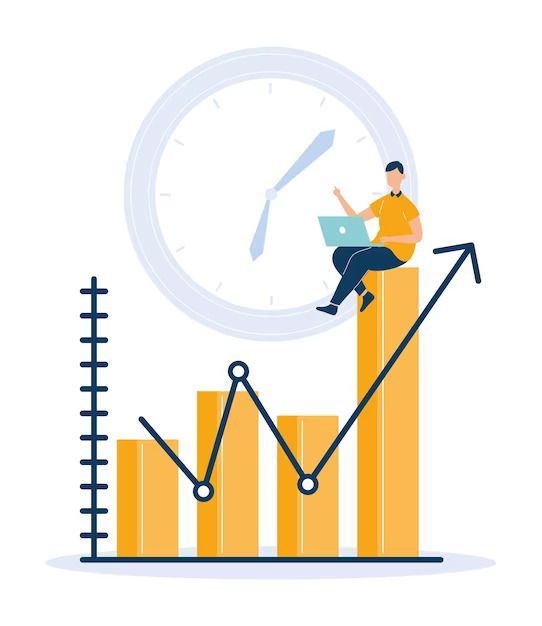 Man on graph with laptop, clock, and upward arrow, representing time management and growth.